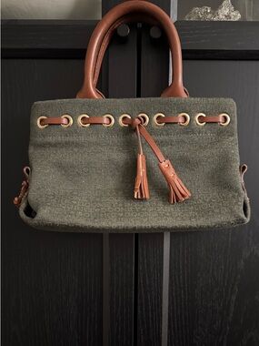 Vintage Dooney & Bourke Green Canvas Clutch with Brown Leather Trim - Like New